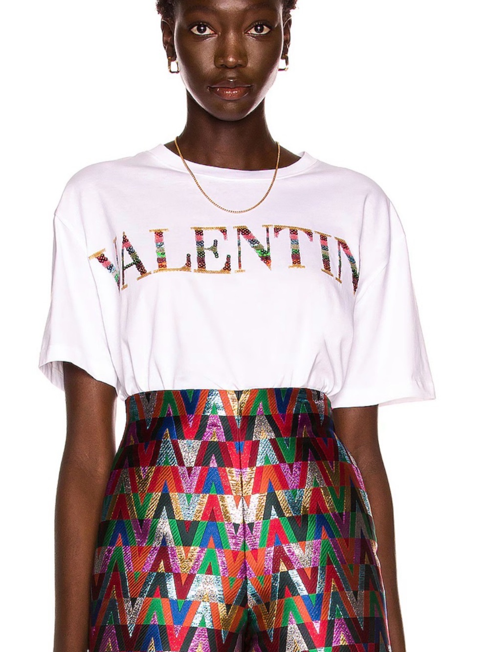 Valentino Garavani White Tee with Multicolor Sequined Logo Print Size Large